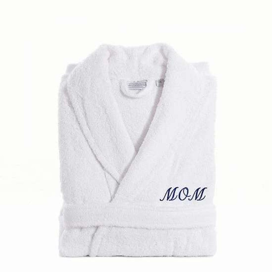 Clothing * | Linum Home Textiles "Mom" Embroidered Cotton Terry Bathrobe Navy Embroidery