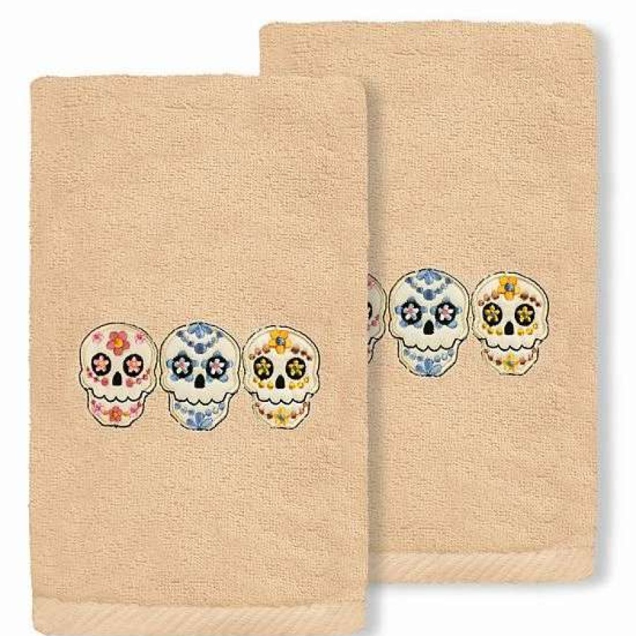 Bed & Bath * | Linum Home Textiles Skulls Embroidered Luxury Turkish Cotton 2-Pack Hand Towel Set Sand