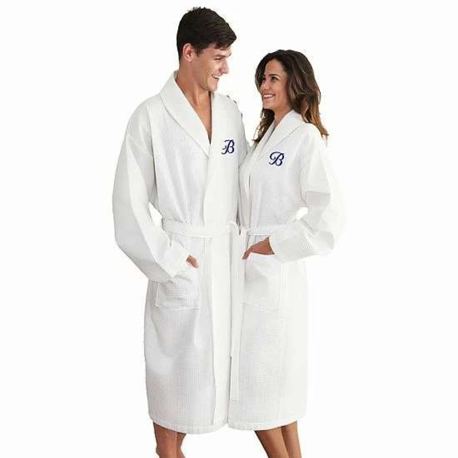 Clothing * | Linum Home Textiles Turkish Cotton Personalized Waffle Weave Bathrobe White Navy P