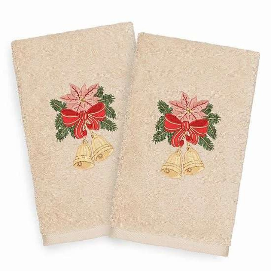 Bed & Bath * | Linum Home Textiles Christmas 2-Pack Bells Embroidered Luxury Turkish Cotton Hand Towels Sand