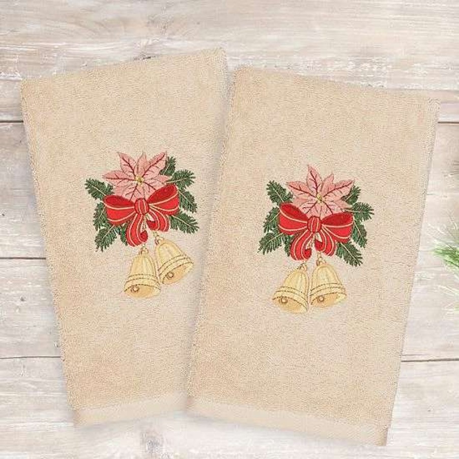 Bed & Bath * | Linum Home Textiles Christmas 2-Pack Bells Embroidered Luxury Turkish Cotton Hand Towels Sand