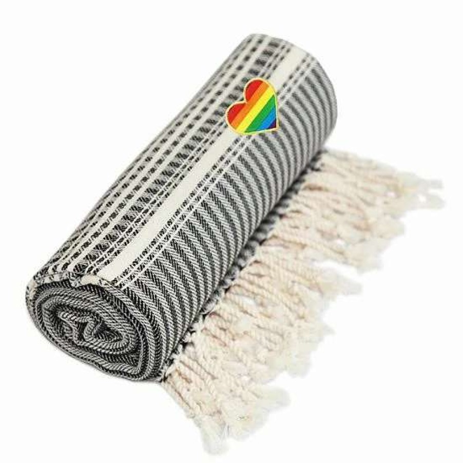 Bed & Bath * | Linum Home Textiles Turkish Cotton Luxe Herringbone Cheerful Rainbow Heart Pestemal Beach Towel Beige