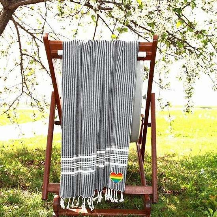 Bed & Bath * | Linum Home Textiles Turkish Cotton Luxe Herringbone Cheerful Rainbow Heart Pestemal Beach Towel Beige