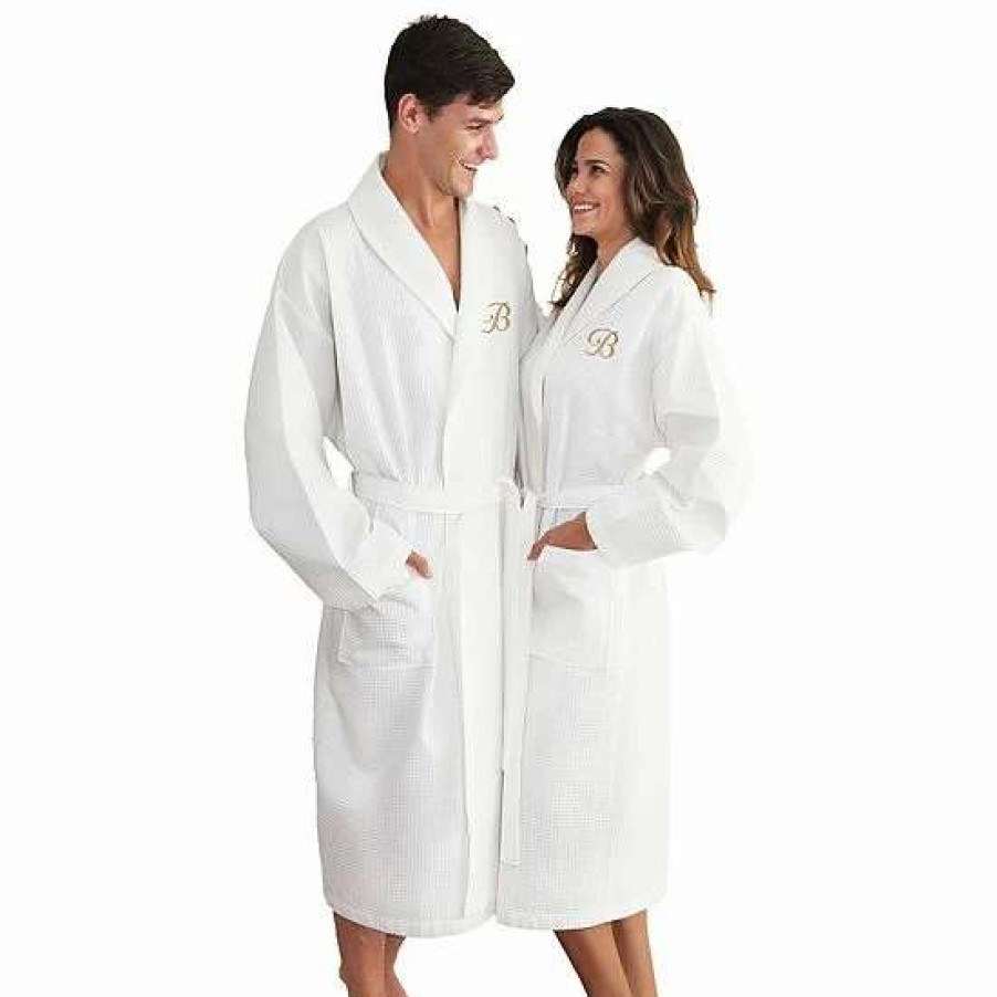 Clothing * | Linum Home Textiles Turkish Cotton Personalized Waffle Weave Bathrobe White Gold D