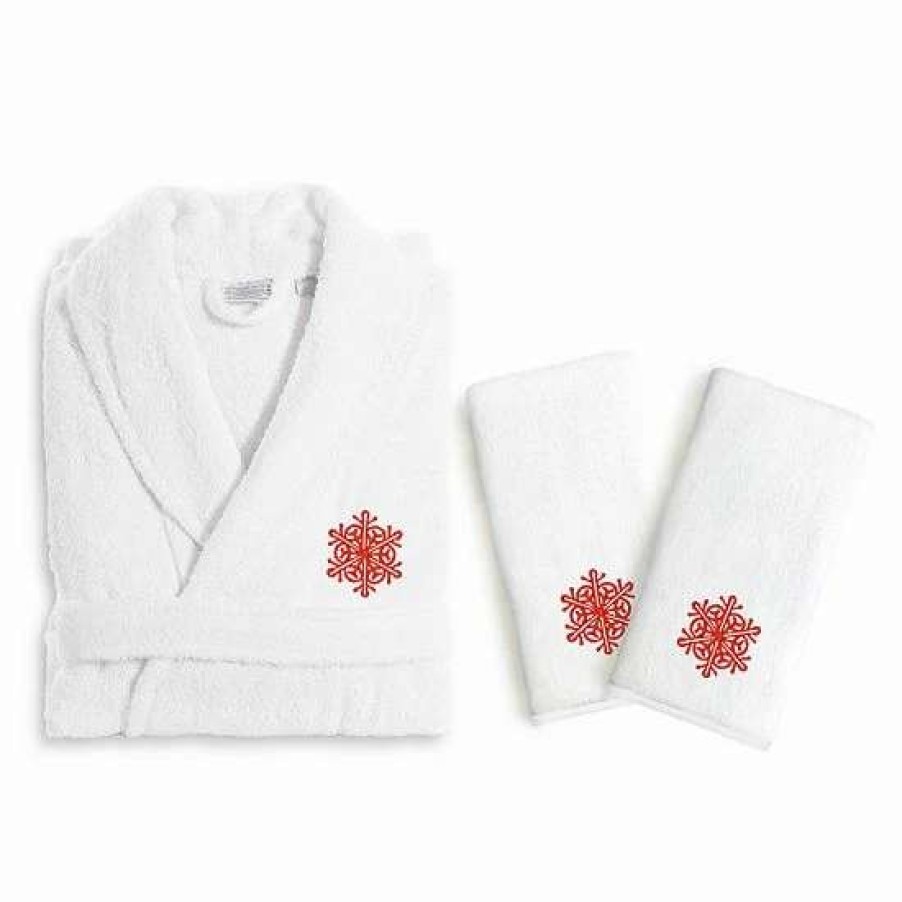 Clothing * | Linum Home Textiles Holiday Embroidered Luxury Hand Towel & Bathrobe Set Red Snow Flake