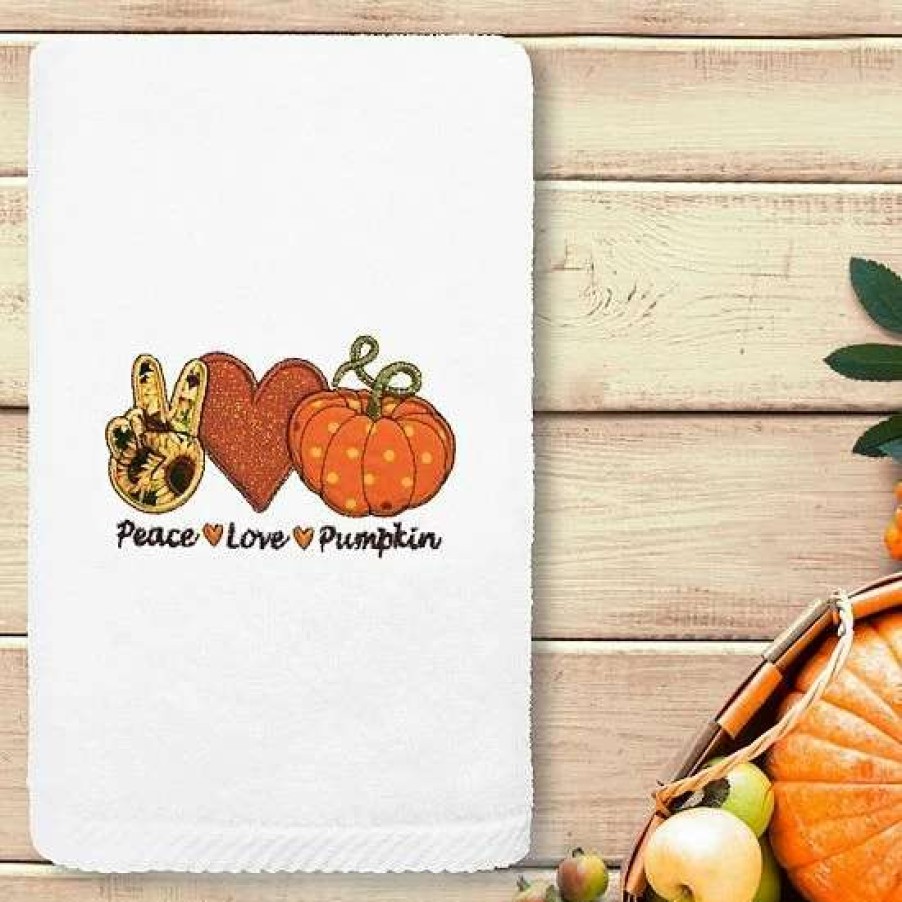 Bed & Bath * | Linum Home Textiles Peace, Love, Pumpkin Embroidered Luxury Turkish Cotton Hand Towel White