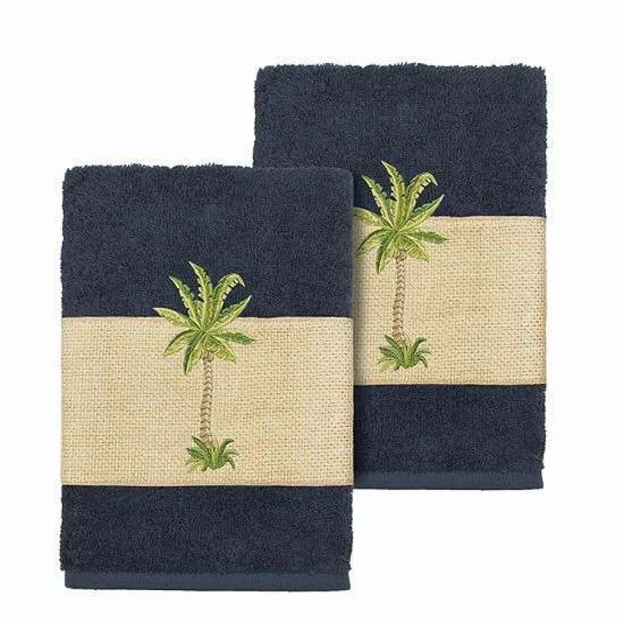 Bed & Bath * | Linum Home Textiles Colton Embellished Washcloth Set Midnight Blue