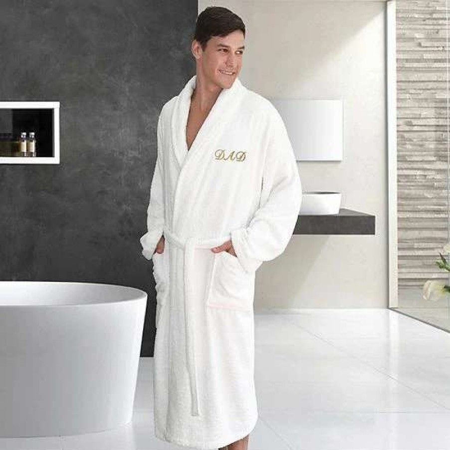 Clothing * | Linum Home Textiles "Dad" Embroidered Cotton Terry Bathrobe Gold Embroidery