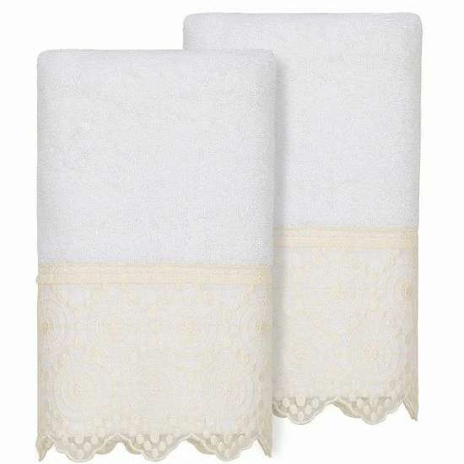 Bed & Bath * | Linum Home Textiles Turkish Cotton Arian 2-Piece Cream Lace Embellished Hand Towel Set