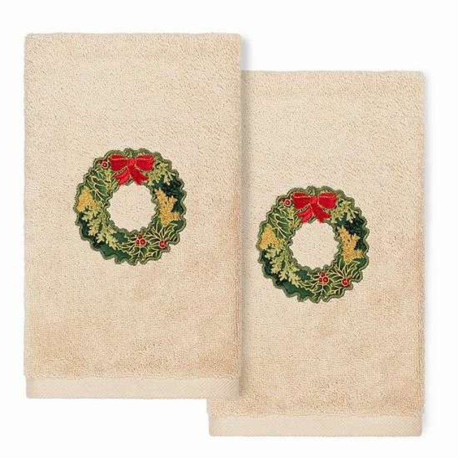 Bed & Bath * | Linum Home Textiles 2-Pack Christmas Wreath Embroidered Hand Towel Set Sand