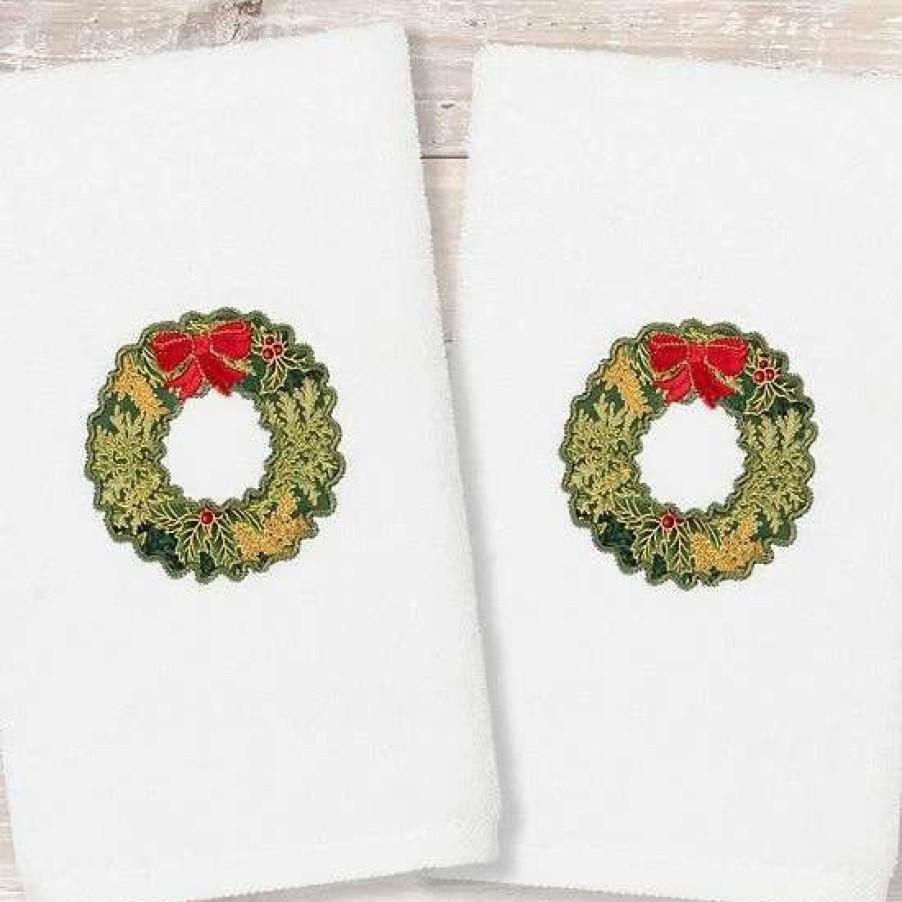 Bed & Bath * | Linum Home Textiles 2-Pack Christmas Wreath Embroidered Hand Towel Set Sand