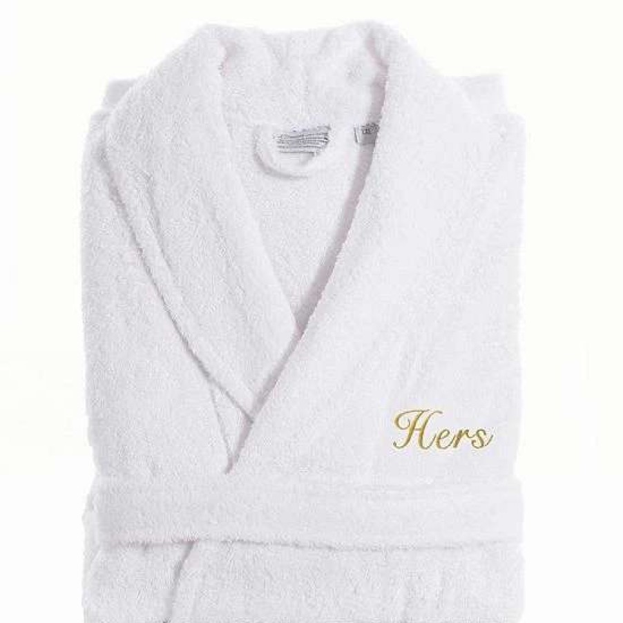 Clothing * | Women'S Linum Home Textiles Turkish Cotton Embroidered "Hers" Terry Bathrobe Black