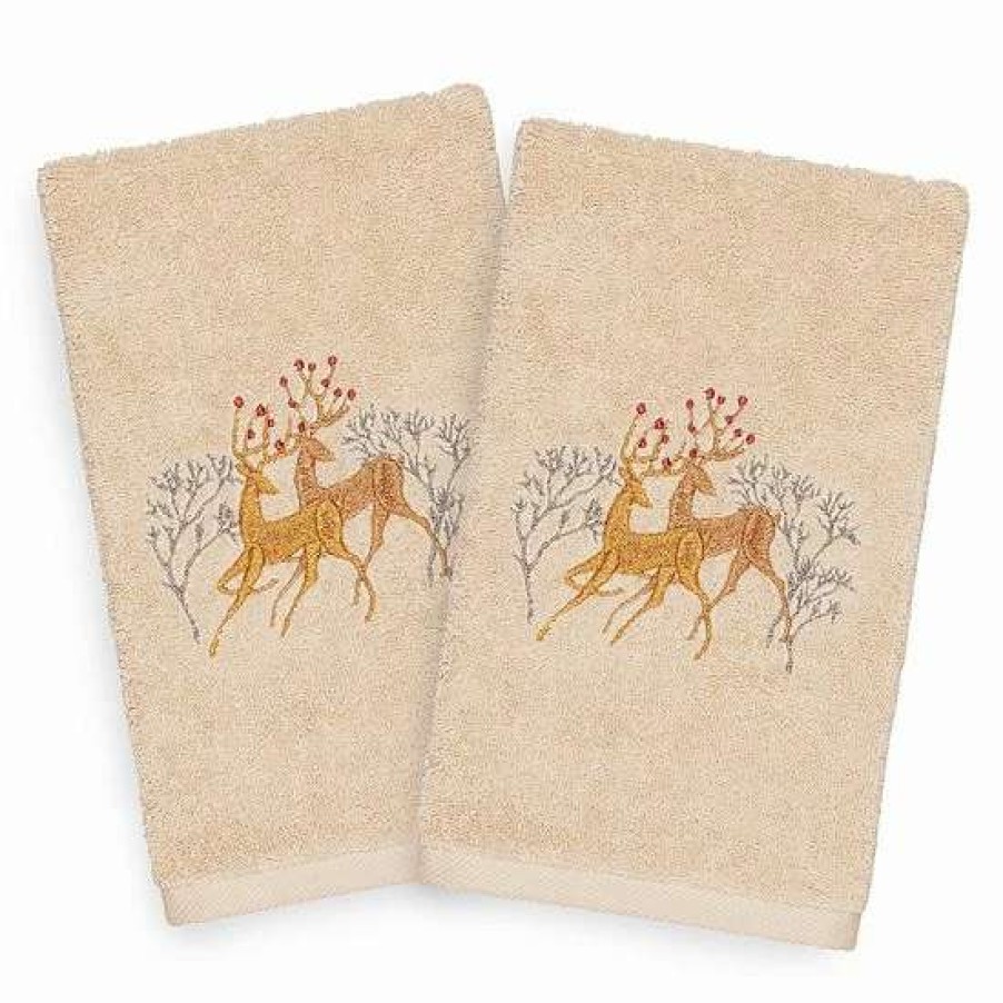 Bed & Bath * | Linum Home Textiles Christmas 2-Pack Deer Pair Embroidered Luxury Turkish Cotton Hand Towels Sand