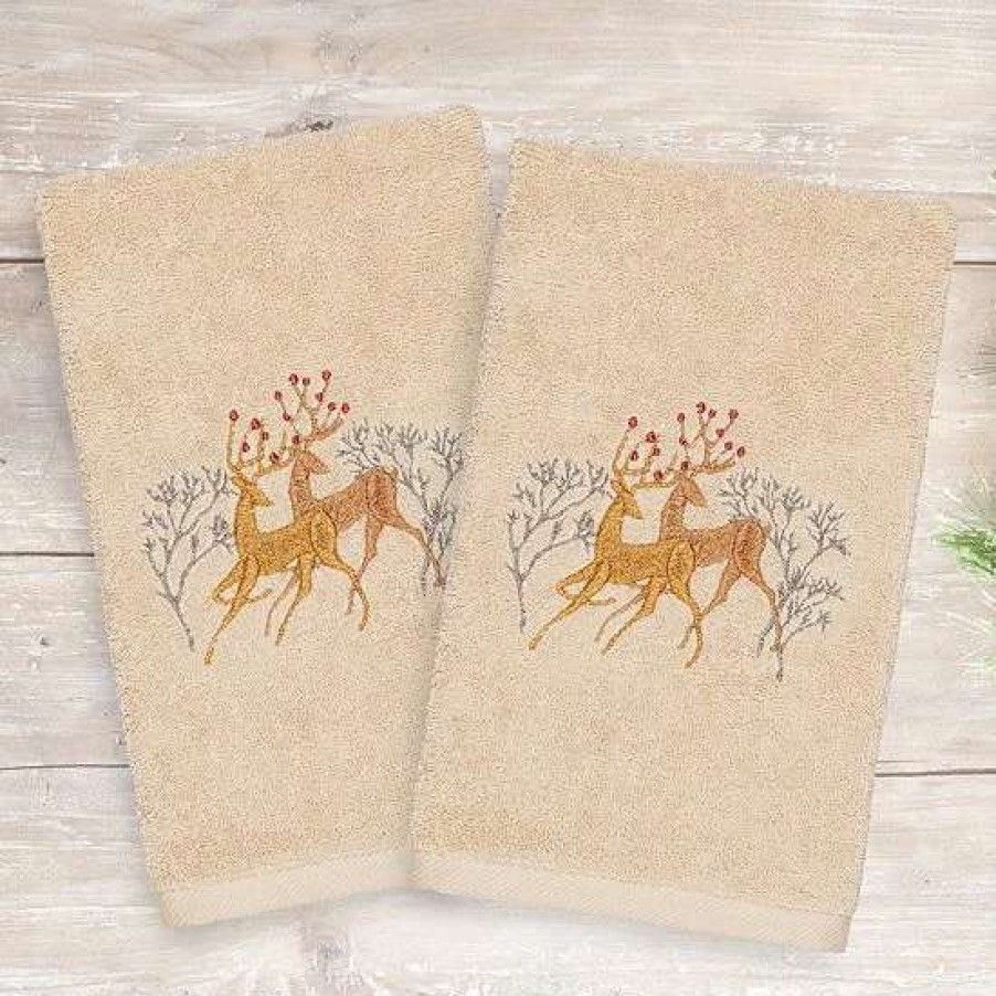 Bed & Bath * | Linum Home Textiles Christmas 2-Pack Deer Pair Embroidered Luxury Turkish Cotton Hand Towels Sand