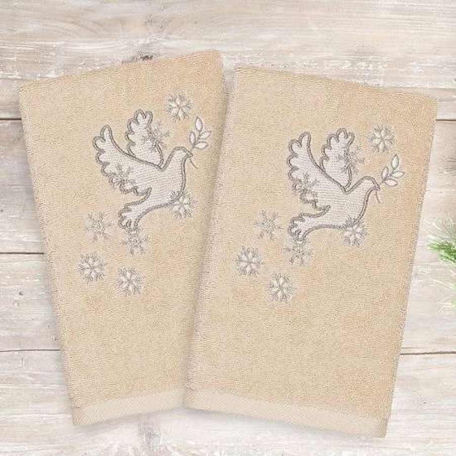 Bed & Bath * | Linum Home Textiles Christmas 2-Pack Dove Embroidered Luxury Turkish Cotton Hand Towels Sand