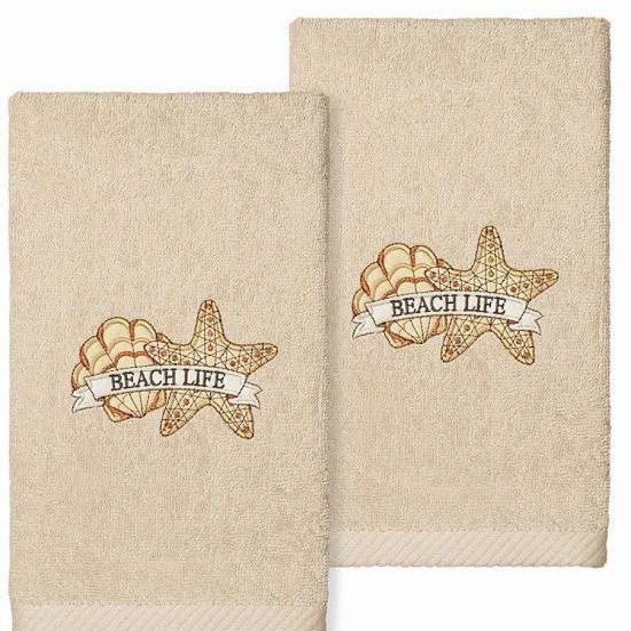 Bed & Bath * | Linum Home Textiles Turkish Cotton Beach Life Embroidered 2-Pack Hand Towel Set Sand