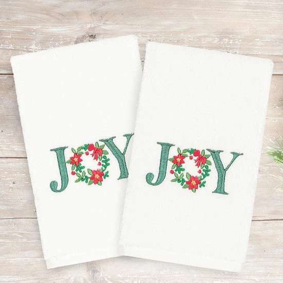 Bed & Bath * | Linum Home Textiles Christmas 2-Pack Joy Embroidered Luxury Turkish Cotton Hand Towels White