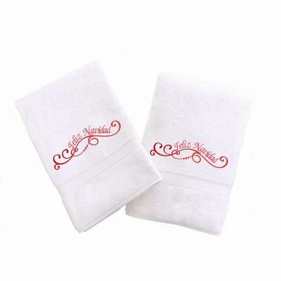 Bed & Bath * | Linum Home Textiles Holiday Border Embroidered 2-Pack Hand Towels Merry Christmas