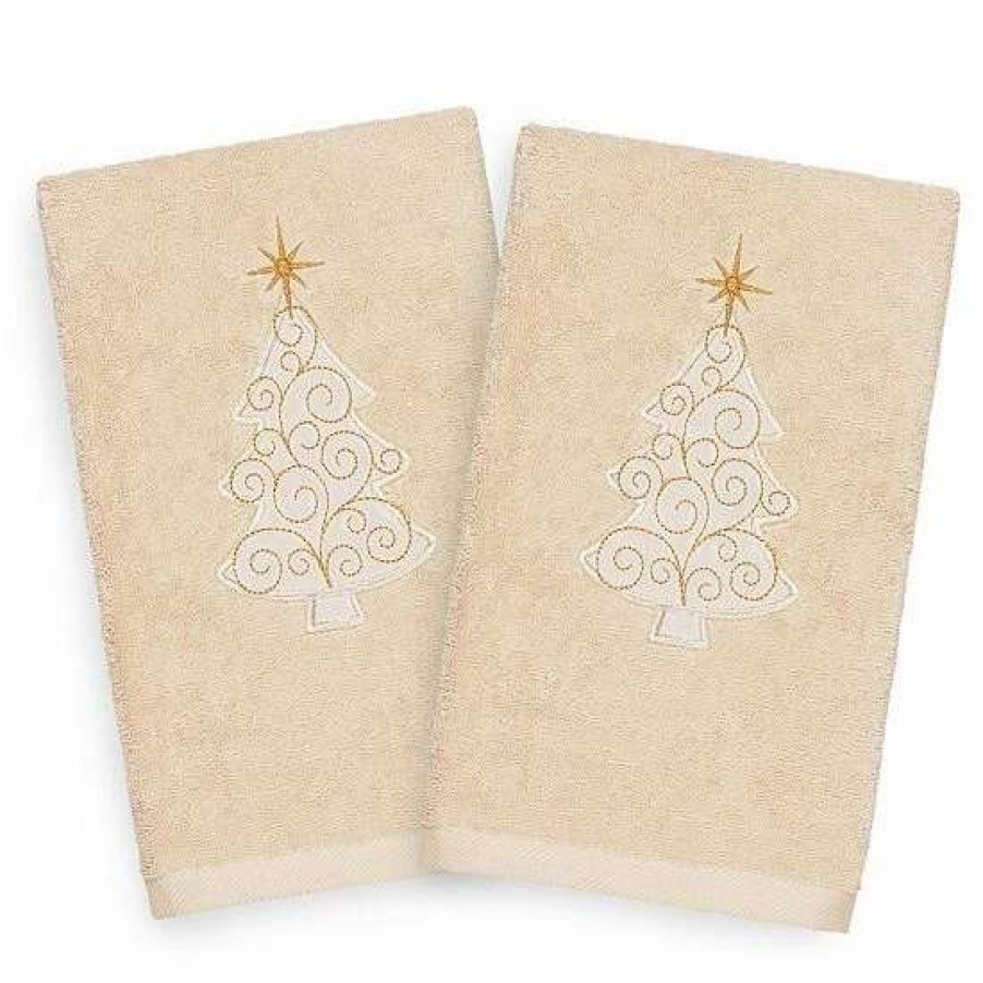 Bed & Bath * | Linum Home Textiles 2-Pack Christmas Scroll Tree Embroidered Hand Towel Set Sand