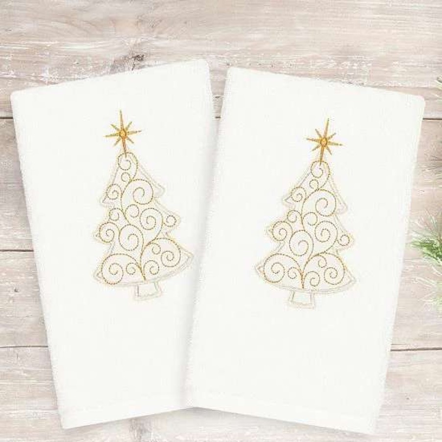 Bed & Bath * | Linum Home Textiles 2-Pack Christmas Scroll Tree Embroidered Hand Towel Set Sand