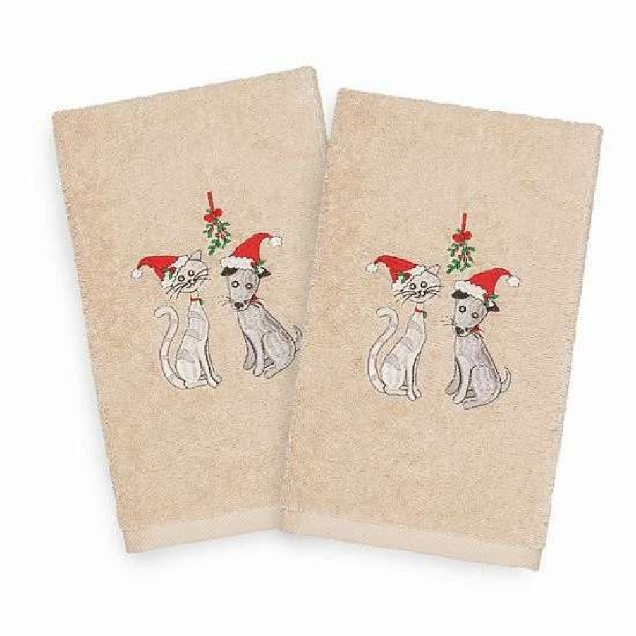 Bed & Bath * | Linum Home Textiles Christmas 2-Pack Cute Couple Embroidered Luxury Turkish Cotton Hand Towels Sand