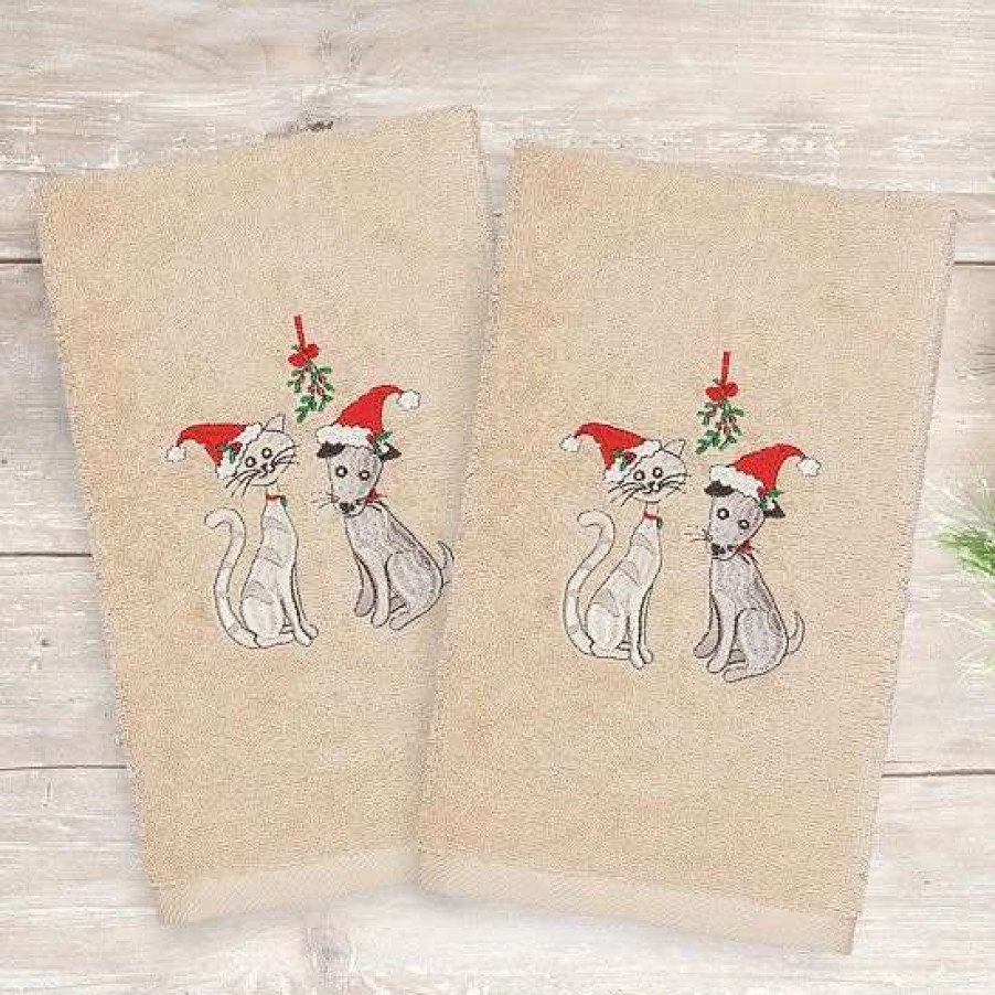 Bed & Bath * | Linum Home Textiles Christmas 2-Pack Cute Couple Embroidered Luxury Turkish Cotton Hand Towels Sand