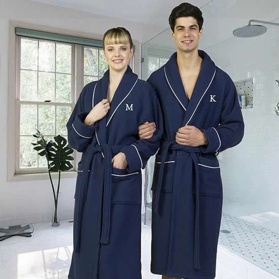 Clothing * | Linum Home Textiles Turkish Cotton Personalized Waffle Terry Bathrobe & Satin Piped Trim