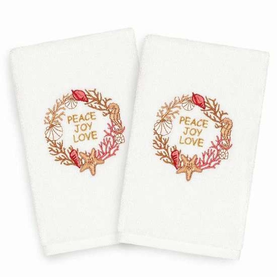 Bed & Bath * | Linum Home Textiles Christmas 2-Pack Peace Embroidered Luxury Turkish Cotton Hand Towels White