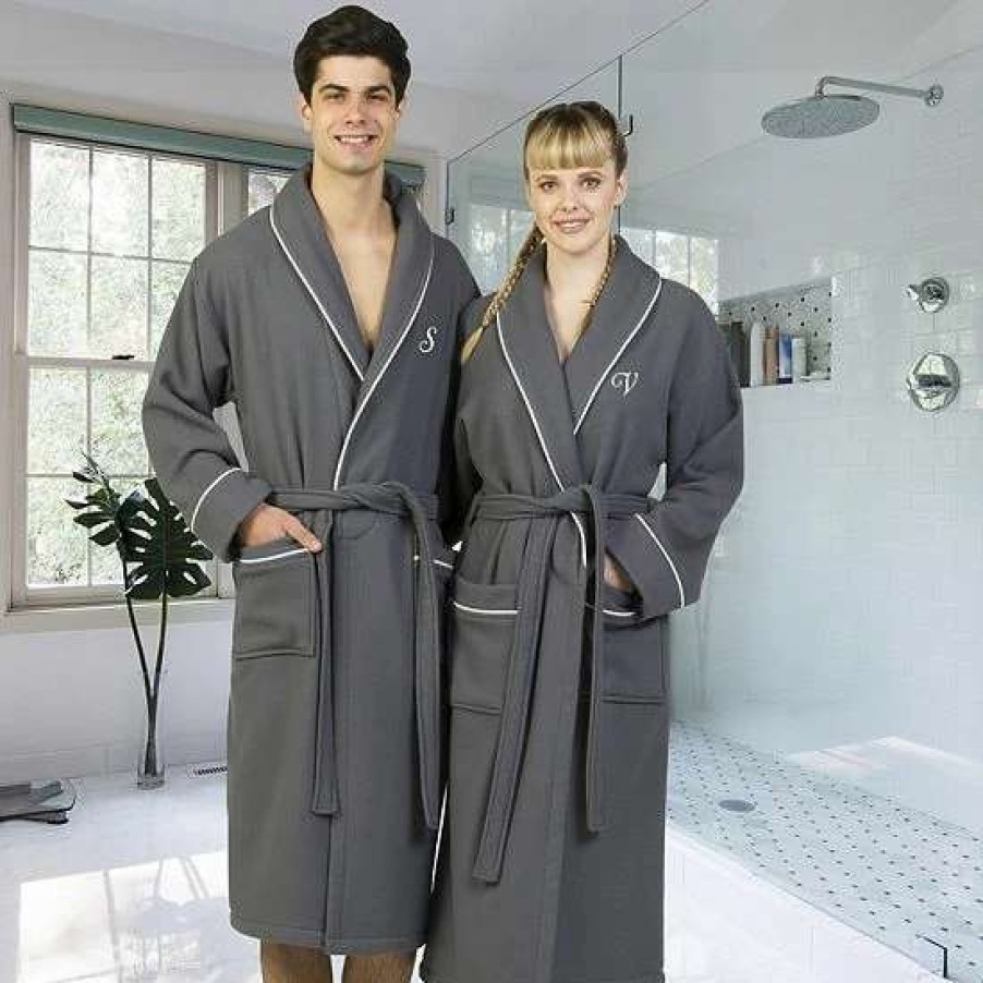 Clothing * | Linum Home Textiles Turkish Cotton Personalized Satin Piped Trim Waffle Terry Gray Bathrobe