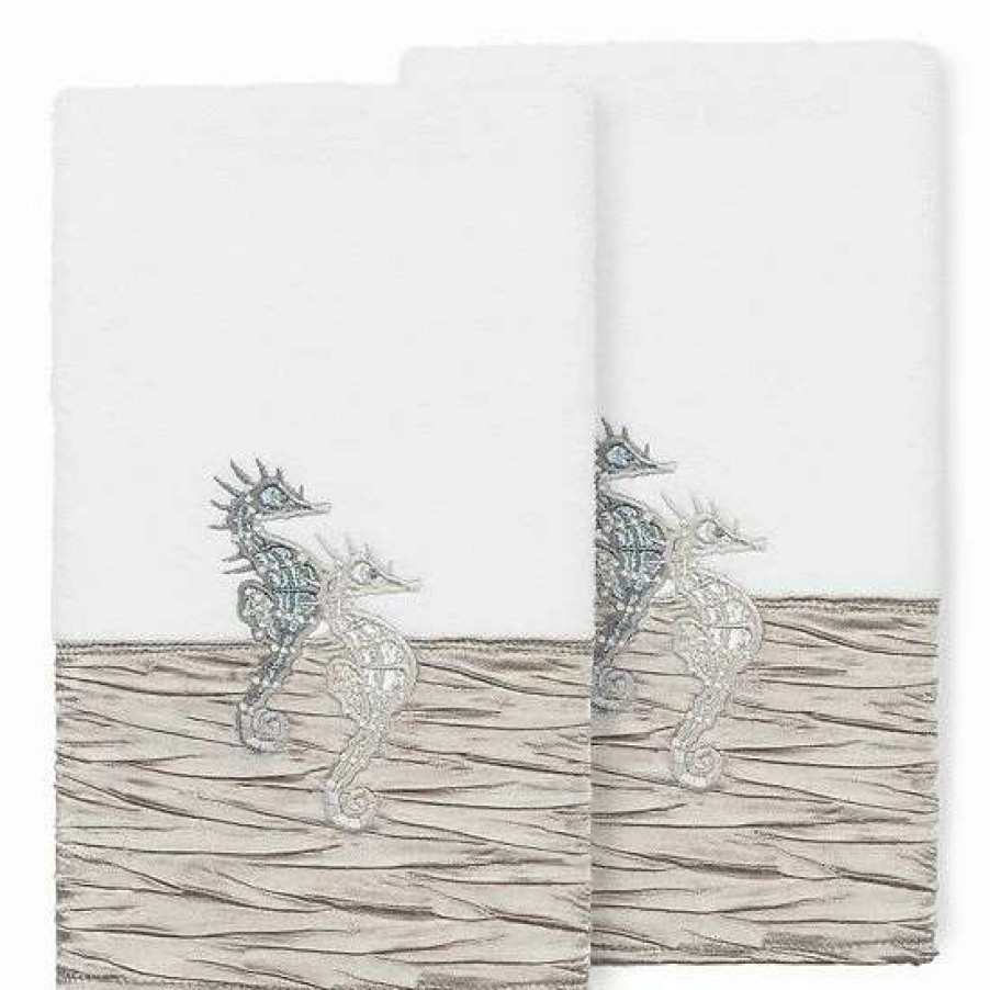 Bed & Bath * | Linum Home Textiles Turkish Cotton Sofia 2-Pack Embellished Hand Towel Set White Blue