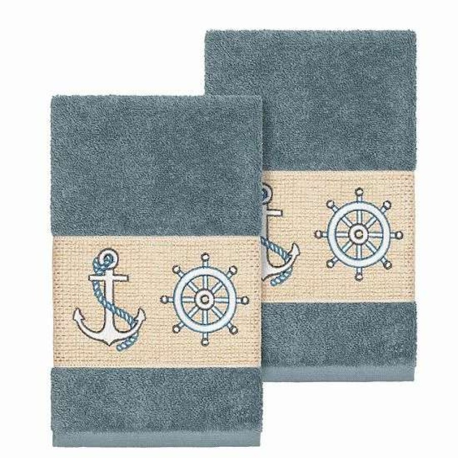 Bed & Bath * | Linum Home Textiles Turkish Cotton Easton Embellished Hand Towel Set Midnight Blue