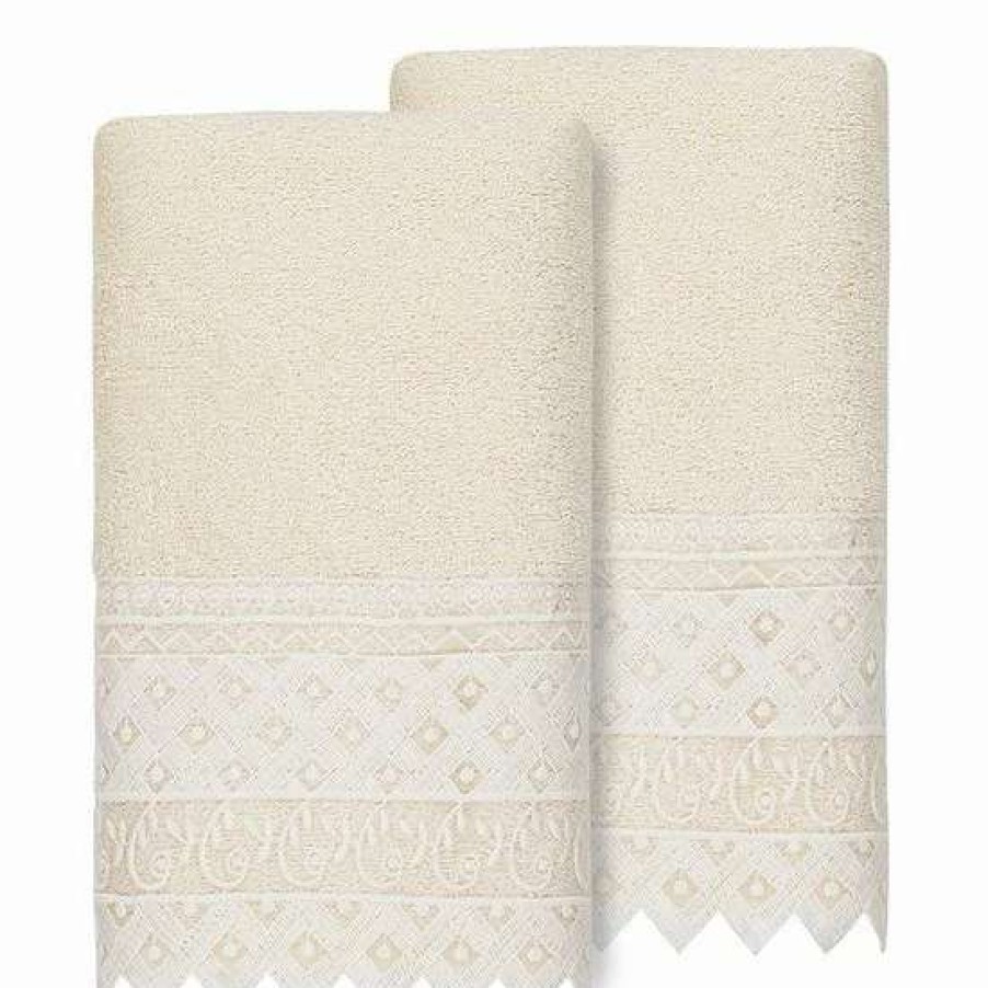 Bed & Bath * | Linum Home Textiles Turkish Cotton Aiden 2-Piece White Lace Embellished Hand Towel Set