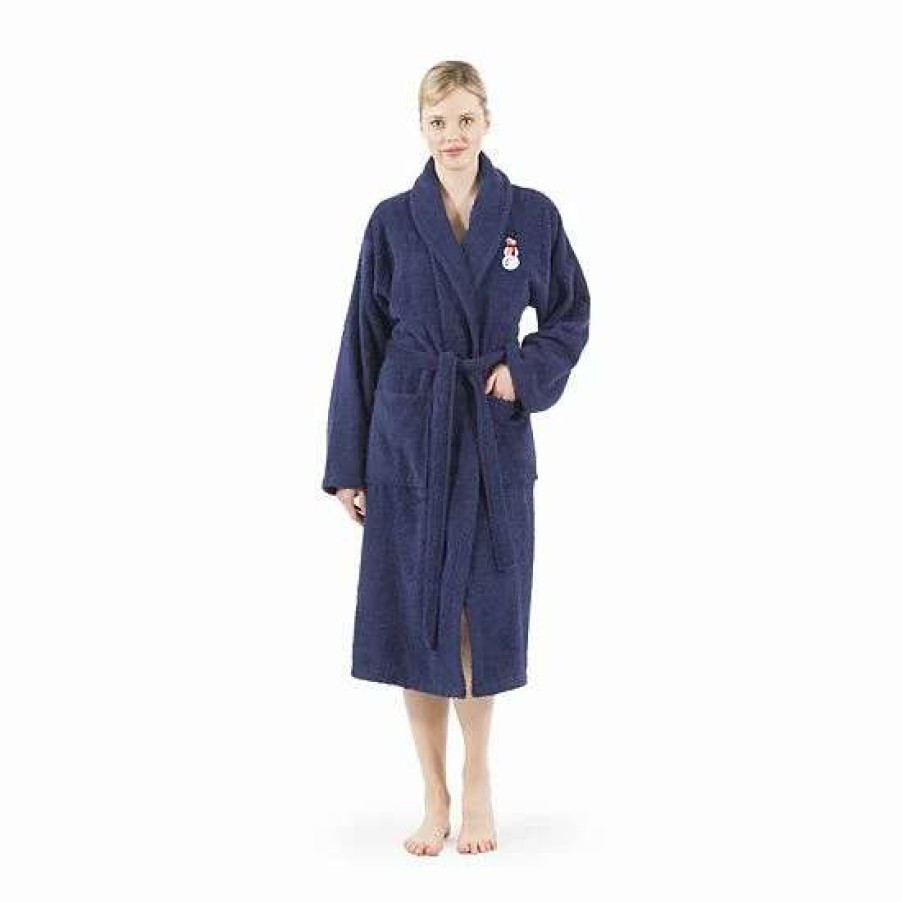 Clothing * | Linum Home Textiles Turkish Cotton Terry Embroidered Snowman Bathrobe Navy