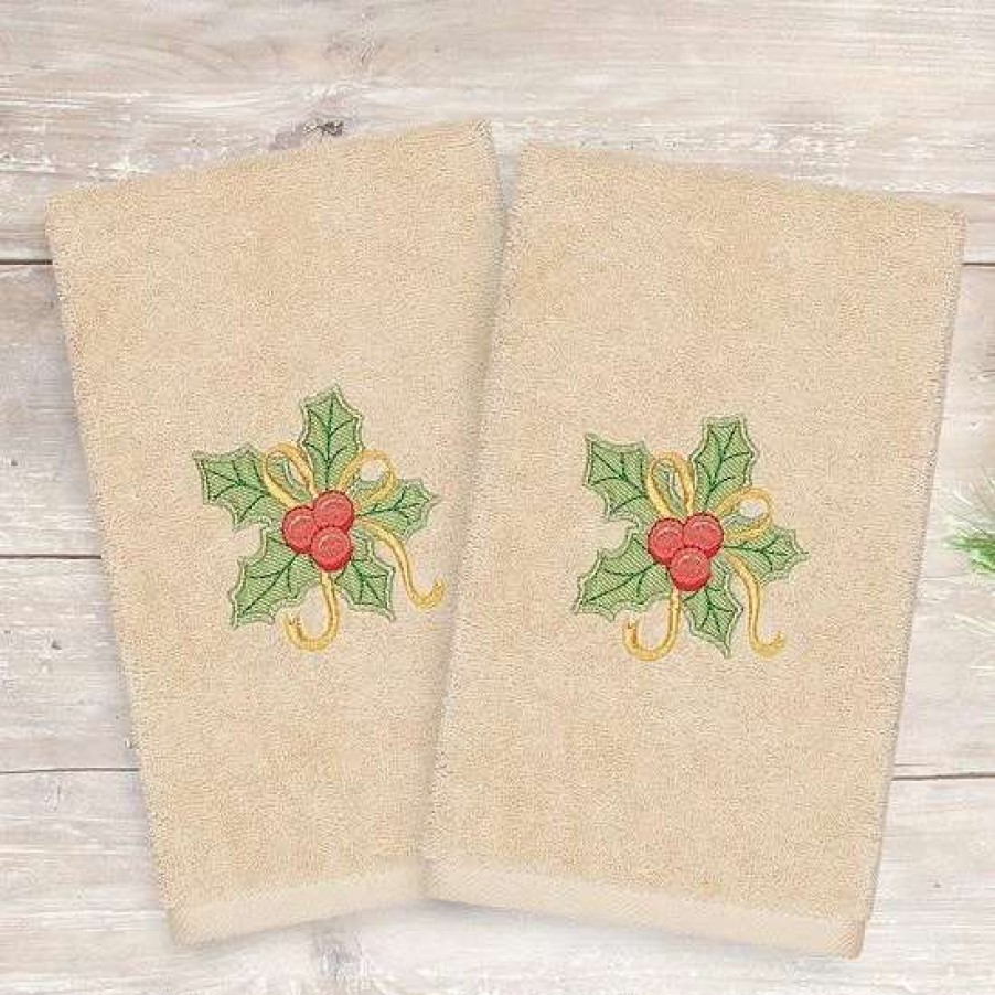 Bed & Bath * | Linum Home Textiles Christmas 2-Pack Holly Bunch Embroidered Luxury Turkish Cotton Hand Towels Sand