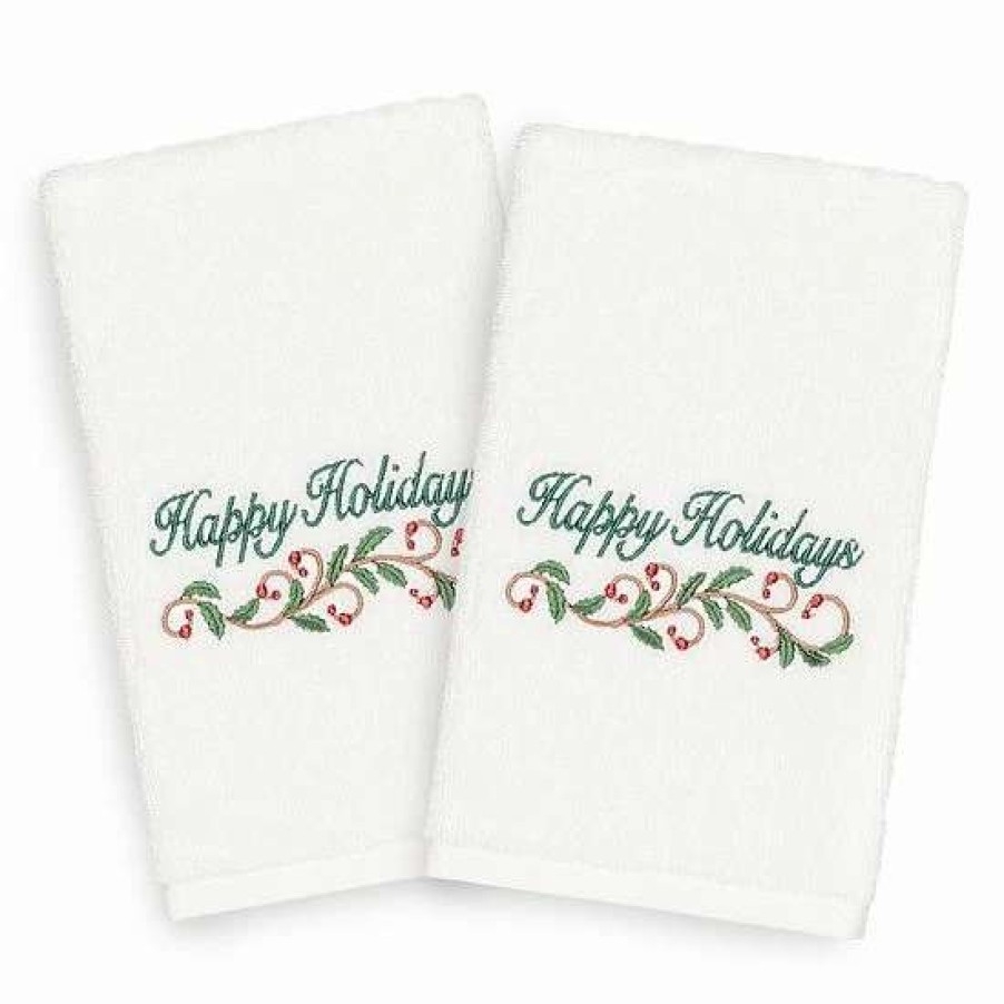 Bed & Bath * | Linum Home Textiles Christmas 2-Pack Happy Holidays Embroidered Luxury Turkish Cotton Hand Towels White