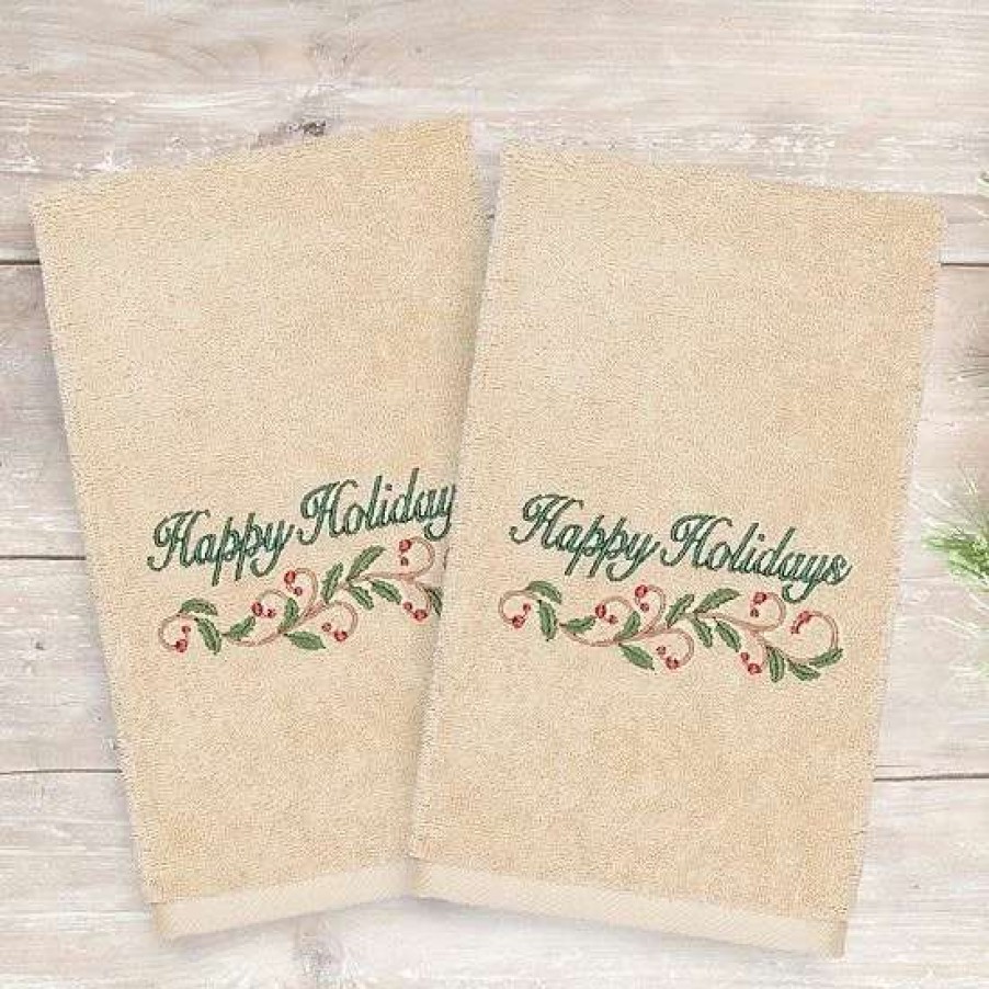 Bed & Bath * | Linum Home Textiles Christmas 2-Pack Happy Holidays Embroidered Luxury Turkish Cotton Hand Towels White