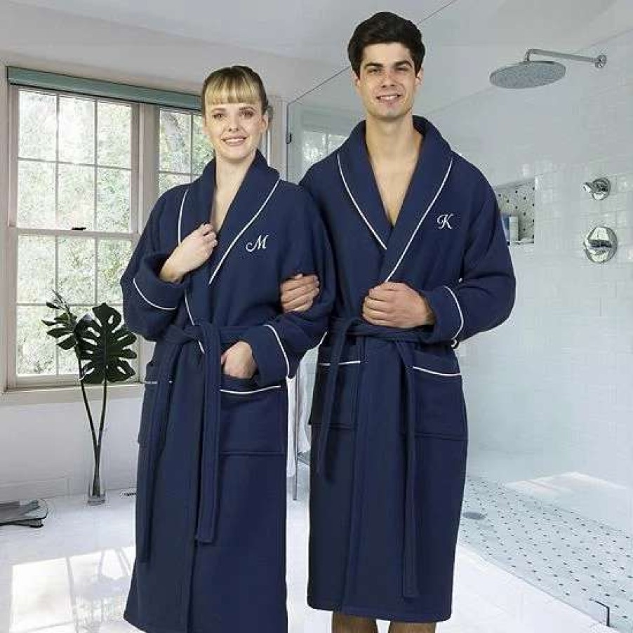 Clothing * | Linum Home Textiles Turkish Cotton Satin Piped Trim Waffle Terry Navy Bathrobe