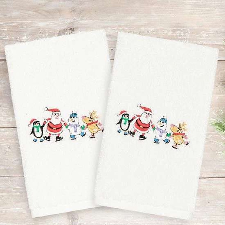 Bed & Bath * | Linum Home Textiles 2-Pack Christmas Skating Party Embroidered Hand Towel Set White