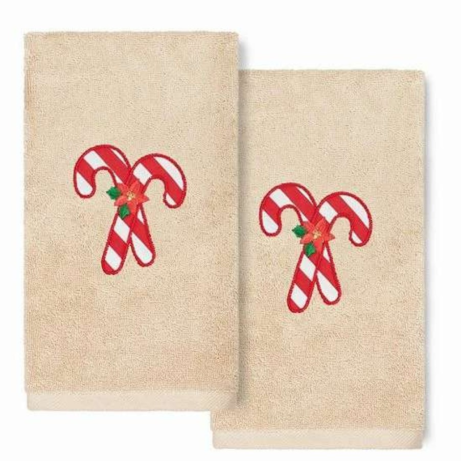 Bed & Bath * | Linum Home Textiles Christmas 2-Pack Candy Canes Embroidered Luxury Turkish Cotton Hand Towels Sand