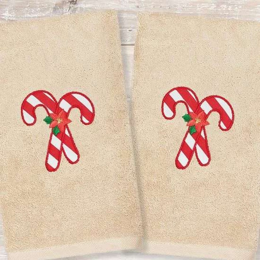 Bed & Bath * | Linum Home Textiles Christmas 2-Pack Candy Canes Embroidered Luxury Turkish Cotton Hand Towels Sand