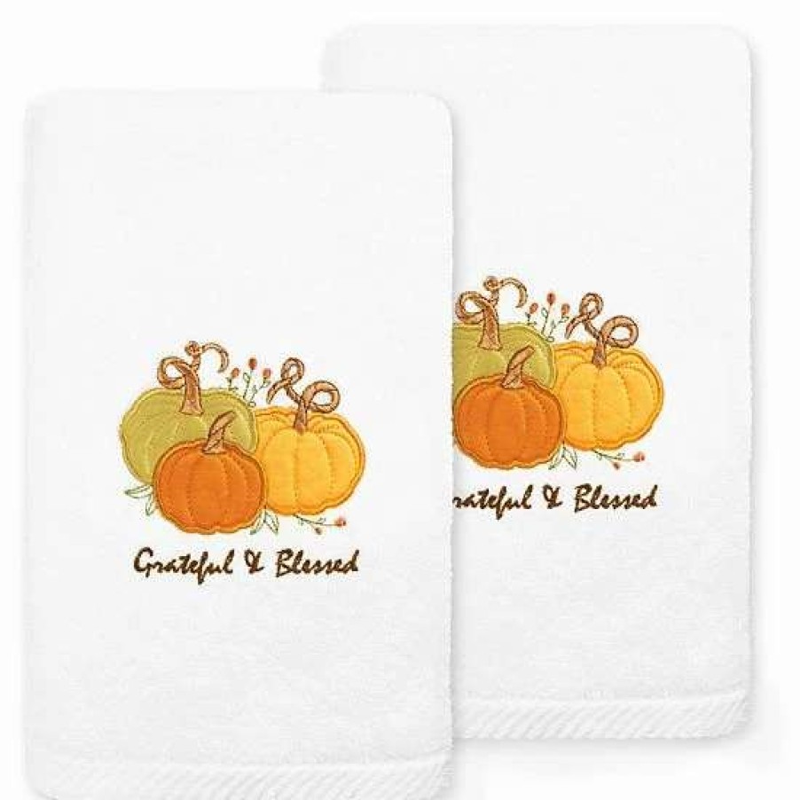 Bed & Bath * | Linum Home Textiles Grateful & Blessed Embroidered Luxury Turkish Cotton 2-Pack Hand Towel Set White