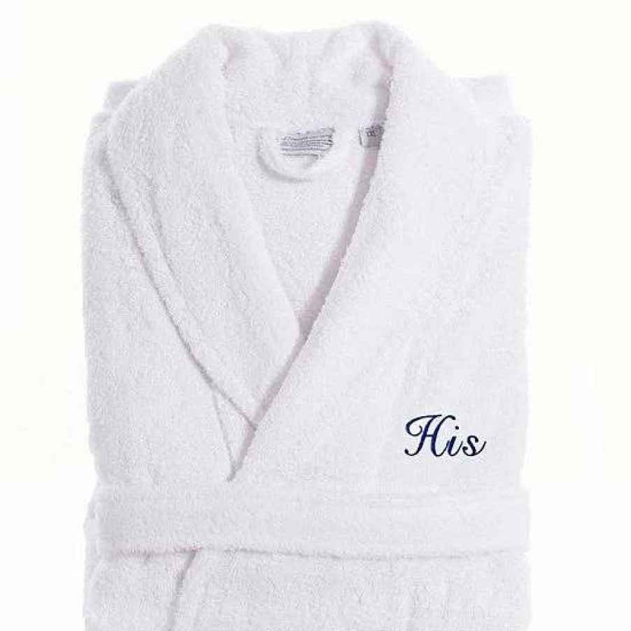 Clothing * | Men'S Linum Home Textiles Turkish Cotton Embroidered "His" Terry Bathrobe Navy