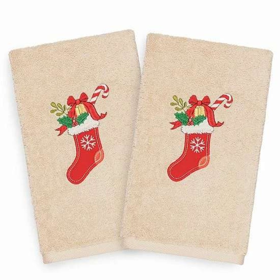 Bed & Bath * | Linum Home Textiles 2-Pack Christmas Stocking Embroidered Hand Towel Set Sand