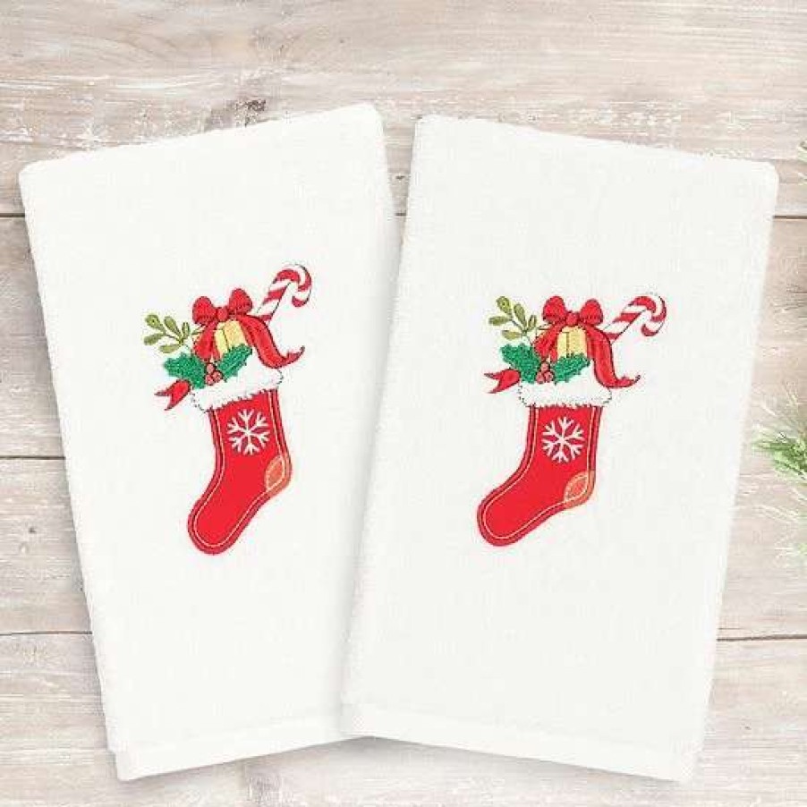 Bed & Bath * | Linum Home Textiles 2-Pack Christmas Stocking Embroidered Hand Towel Set Sand