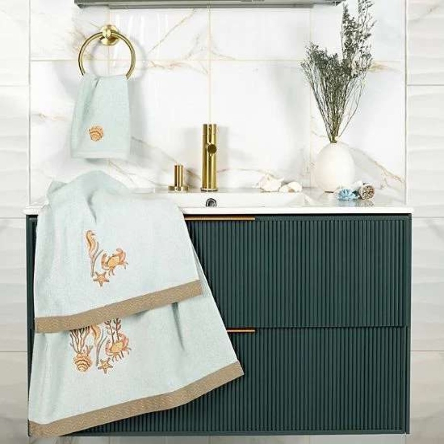 Bed & Bath * | Linum Home Textiles Turkish Cotton Aaron 2-Piece Embellished Fingertip Towel Set Beige