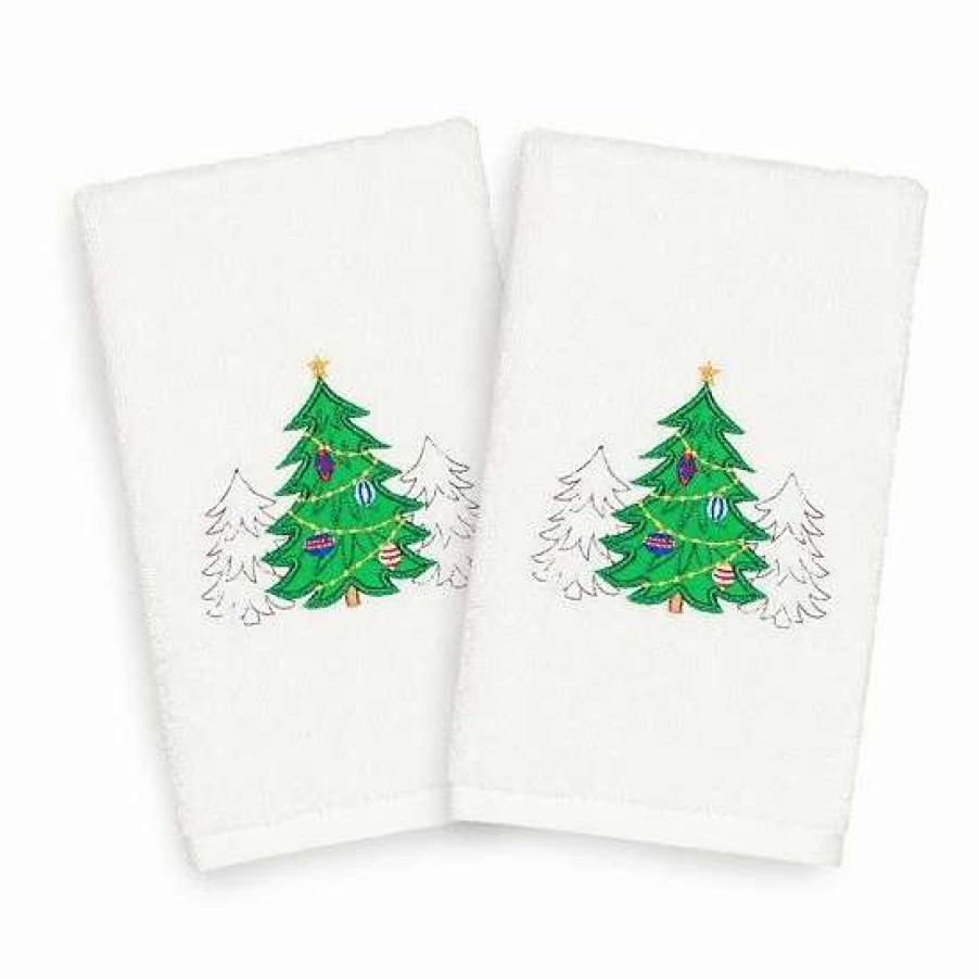 Bed & Bath * | Linum Home Textiles 2-Pack Christmas Three Trees Embroidered Hand Towel Set White