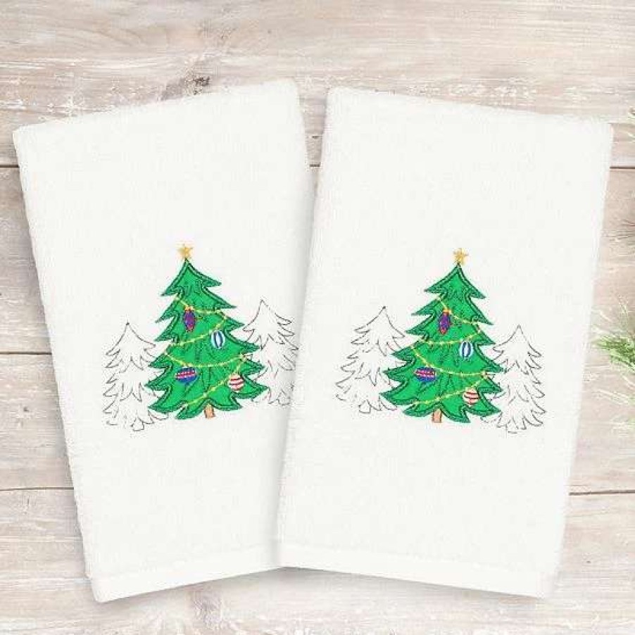 Bed & Bath * | Linum Home Textiles 2-Pack Christmas Three Trees Embroidered Hand Towel Set White