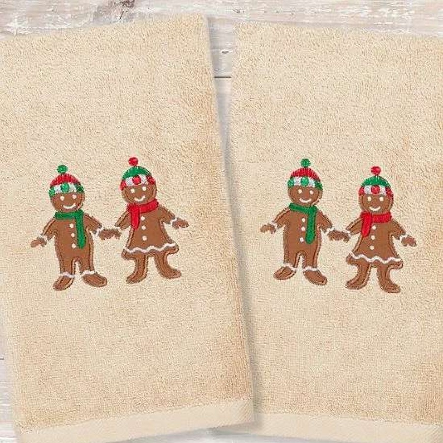 Bed & Bath * | Linum Home Textiles Christmas 2-Pack Gingerbread Embroidered Luxury Turkish Cotton Hand Towels Sand