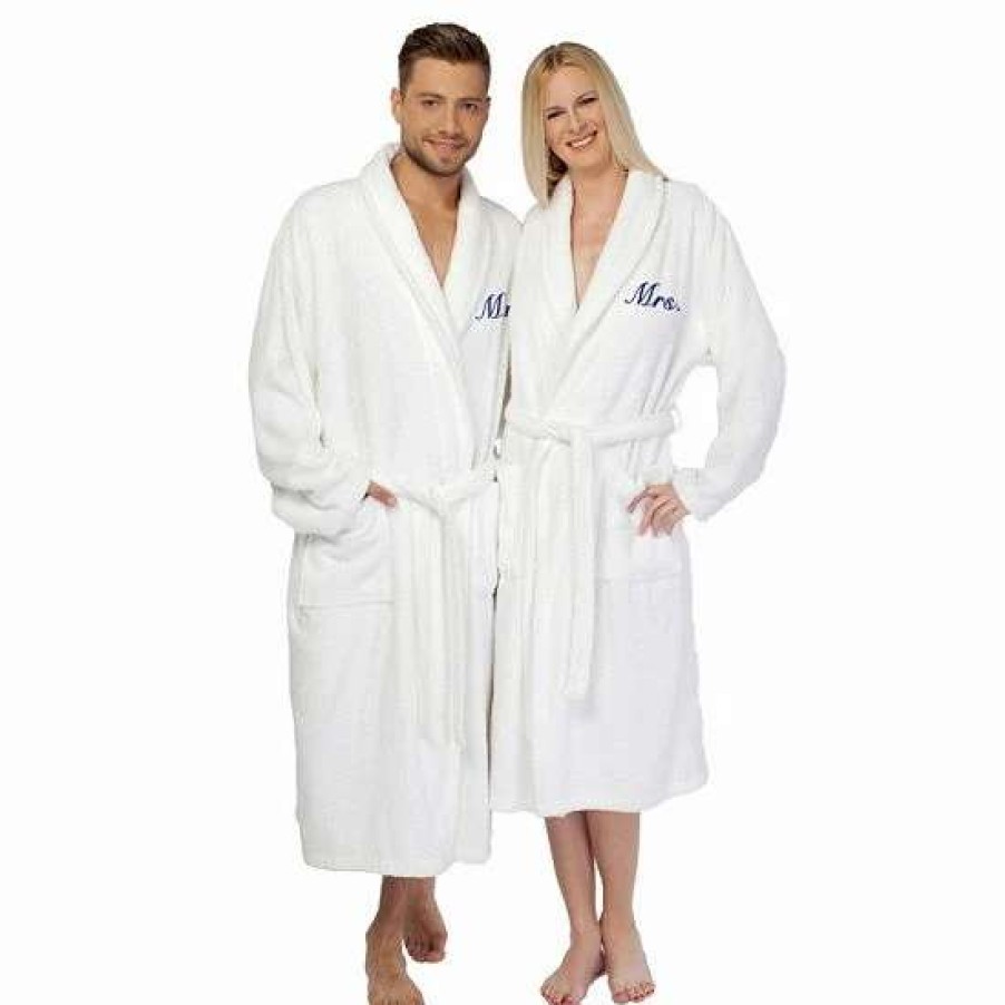 Clothing * | Linum Home Textiles "Mrs." Terry Bathrobe White Blue