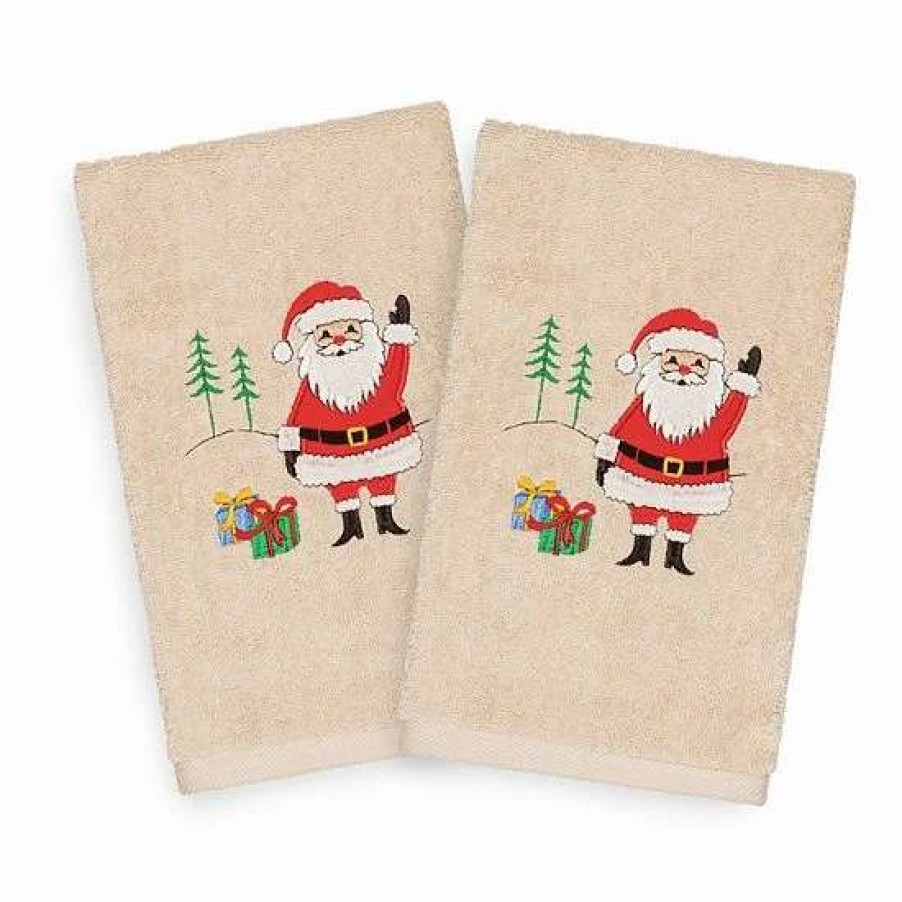 Bed & Bath * | Linum Home Textiles 2-Pack Christmas Santa Waving Embroidered Hand Towel Set Sand